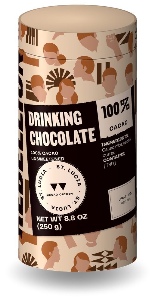 Chocolate Rebellion 100% drinking chocolate canister, with the cacao percentage sticker and a St. Lucia origin seal (draft mockup)