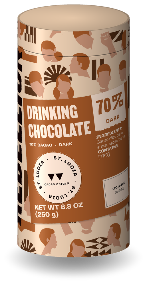 Chocolate Rebellion 70% drinking chocolate canister, with the cacao percentage sticker and a St. Lucia origin seal (draft mockup)