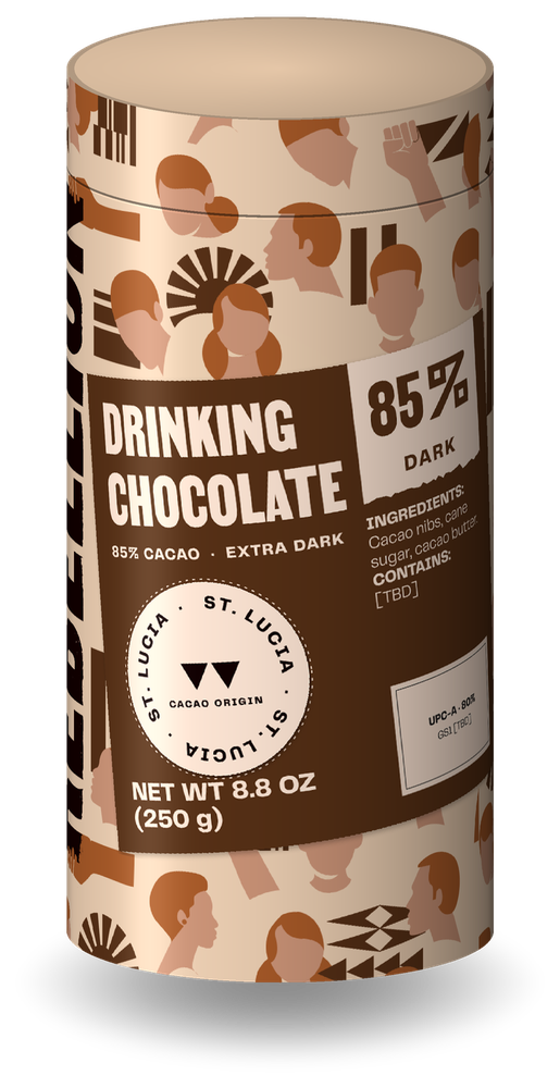 Chocolate Rebellion 85% drinking chocolate canister, with the cacao percentage sticker and a St. Lucia origin seal (draft mockup)